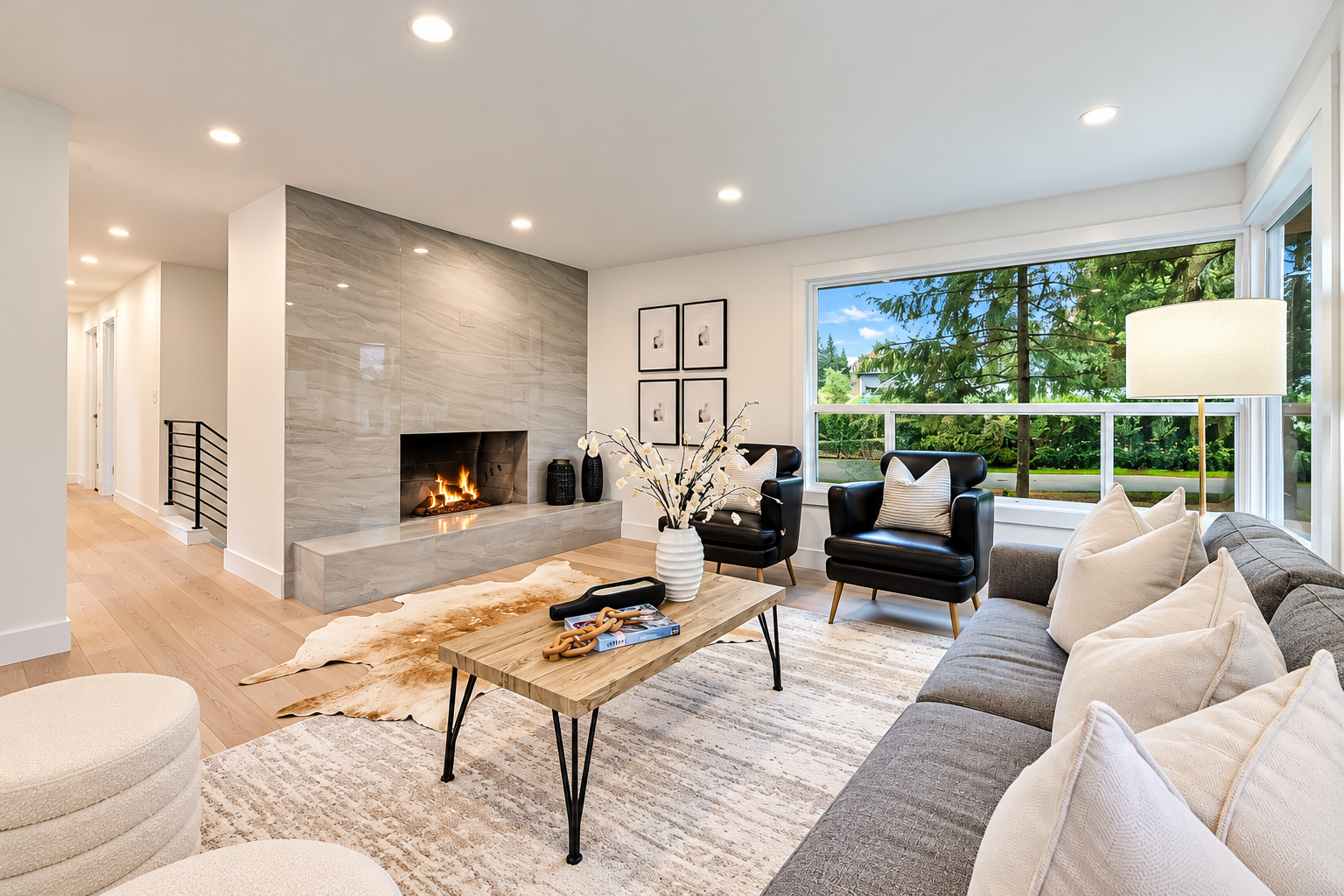 Remodeled living room with a floor-to-ceiling stone fireplace wall, light oak floors and large windows overlooking evergreens