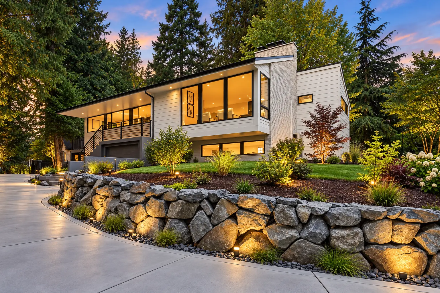 Renovated modern home exterior at dusk with a rock retaining wall and landscape lighting