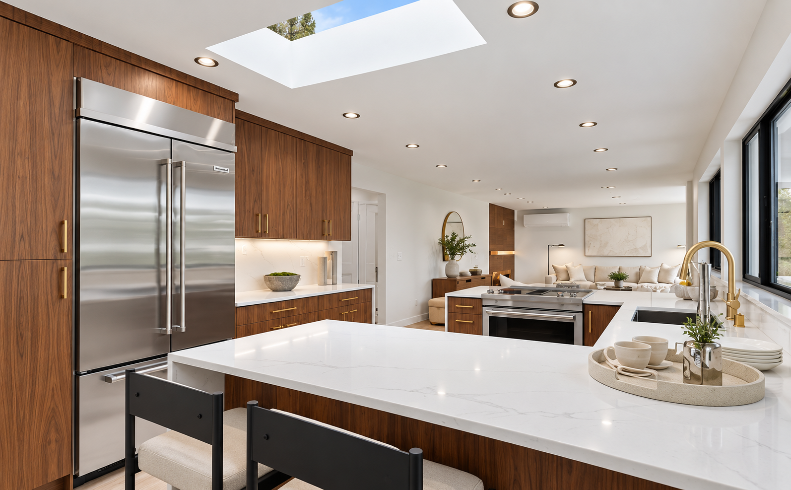 Remodeled residential kitchen with white oak cabinetry and stone island