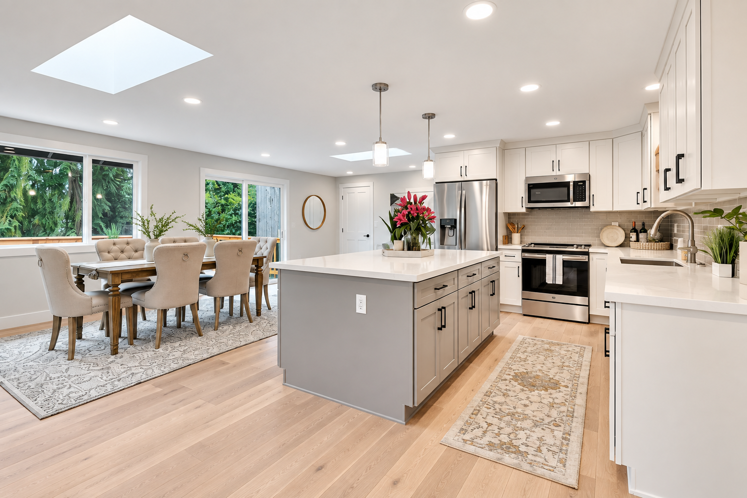 Open-concept remodeled kitchen with light gray island and white counters flowing into a dining room under a skylight