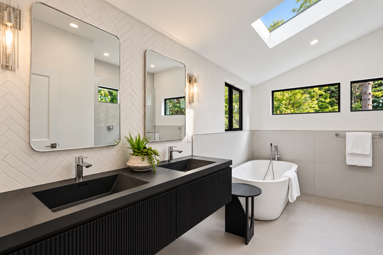 Remodeled bathroom with black double-sink vanity and freestanding tub